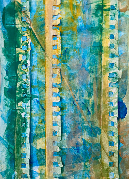 turquoise gold and green abstract painting with scraps of spiral notebook paper