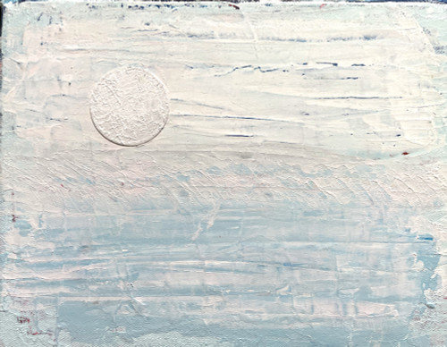 soft white and blue seascape with white sun or moon. mixed media painting.
