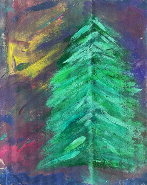 abstract painting of green pine tree with colorful muted background of gold, red, purple, blue