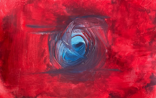 abstract painting with bright reds swirling around a blue center
