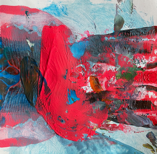 abstract painting with bright red, blues, and a little black
