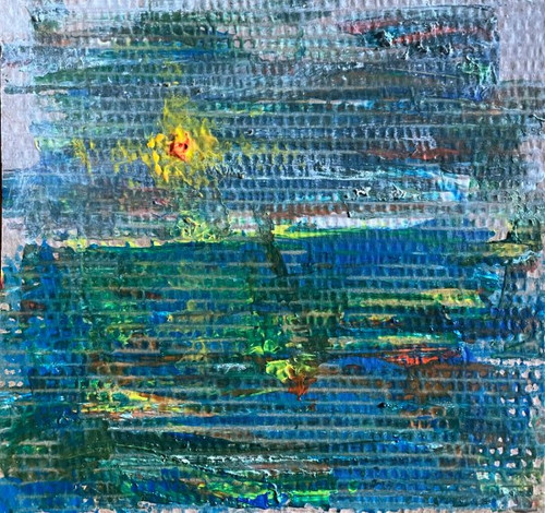 abstract landscape painting of sun over the ocean on recycled cardboard.