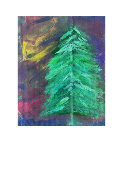 original painting of abstract bright pine tree with muted colors of red, yellow, blue, and purple in the background, set up as a with white borders.