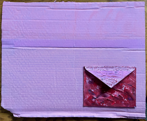 original mixed media painting with recycled cardboard, envelope, and art paper cards painted in pinks, light purple, and reds. envelope is useable, has 2 small painted cards in it, matching the colors.