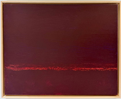 original abstract color study painting in deep maroon-garnet, with subtle horizontal wavy lines of dark yellow, deep purple and blue, and with textured vertical lines.