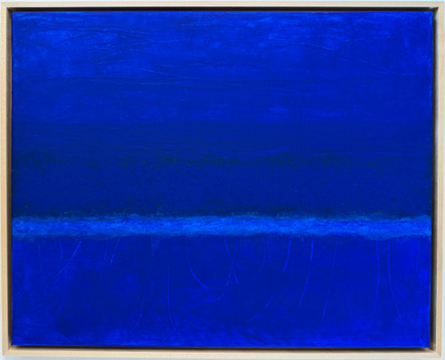 Original abstract color study in vivid royal blue with subtle horizontal wavy lines of dark yellow, maroon, purple, and turquoise, and with textured vertical lines from previous paintings (it's a recycled canvas).