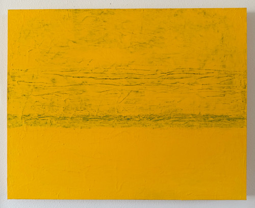 original abstract painting, a color field study using dark yellow with undertones of blues, purple and maroon. Horizon feel to it, with primarily horizontal wavy lines . A lot of texture, partially due to it being a recycled canvas.