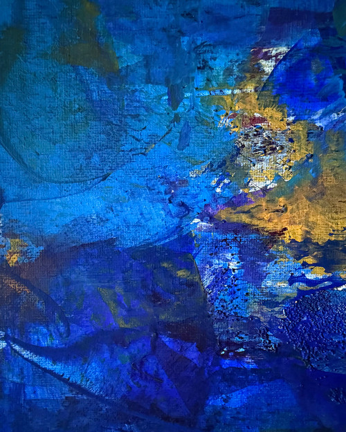 Original abstract painting with vivid blues, dark yellow, purple, maroon, and highly textured in places, with the canvas showing through in some areas.