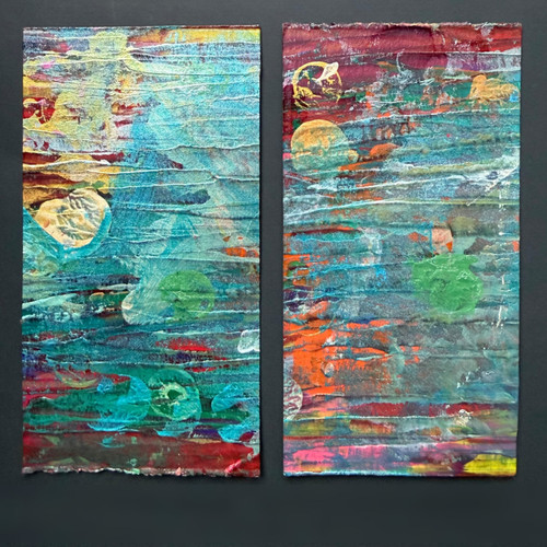 original abstract paintings mounted on black card stock, with teals, metallics, pink, green, orange, purple, blue, white, and other colors, swirls and textures,  with whimsical feel