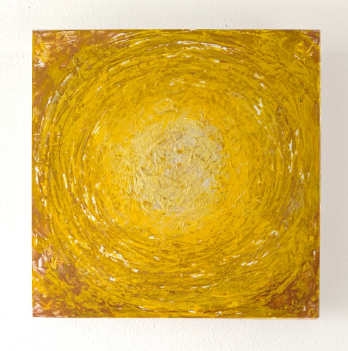 original abstract painting with circular shades from copper, bronze, yellows, white, sun-like