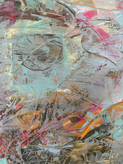 Abstract painting with some dramatic bold colors in the background with soft pastels over top, lines and swirls, and a square in the upper left area.