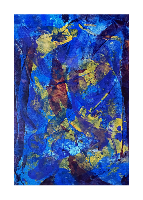 original abstract painting with blues, purple,s burgundy, dark yellow, set up as a card with 1/2” white borders