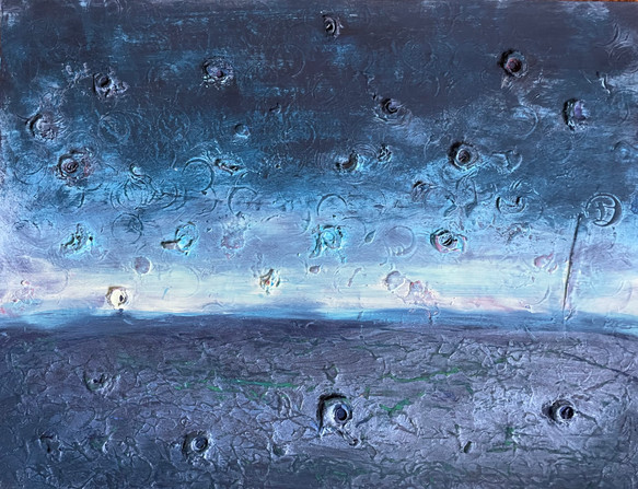 dreamy waterscape of blues, a little green, a small line of white and pink at the horizon, with 3-D circles randomly