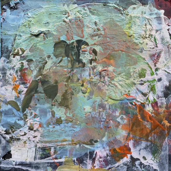 original abstract very textured painting with a faint silhouette of a person sitting facing left, with soft pastel greens and grays, dark orange, light blue, white, a little yellow, on recycled black mat board.