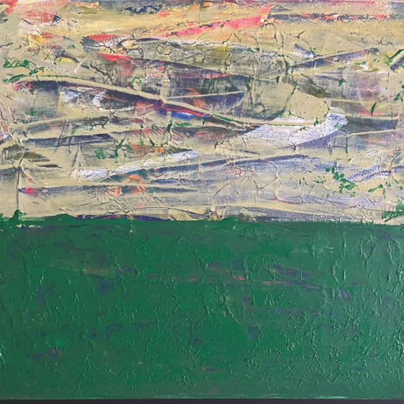 original abstract landscape painting of rich green field and multicolored swirly skies.