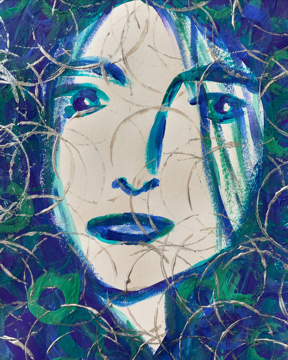 original abstract painting of woman with blue and green features, with silver 'rain' circles