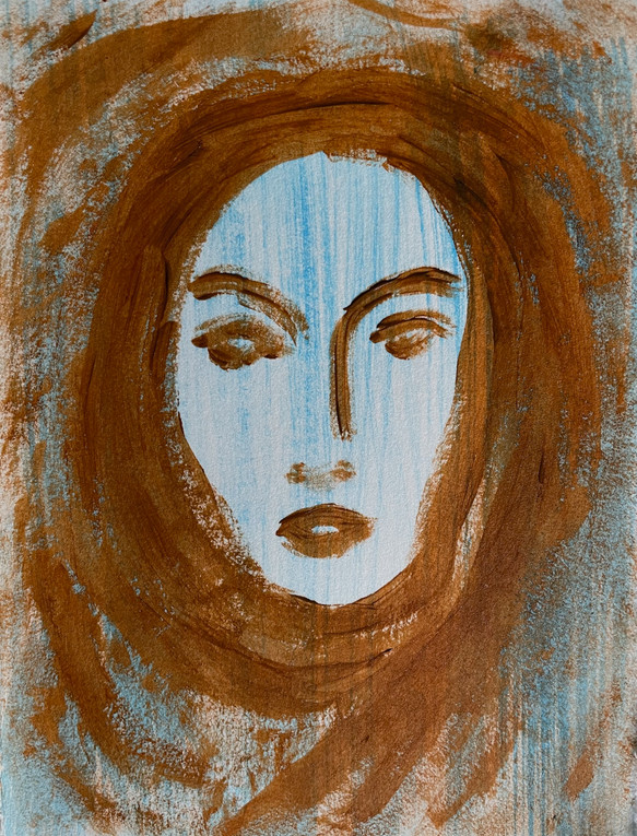 original abstract painting of woman's face with burnt umber colored scarf and facial feaures, and blue rain