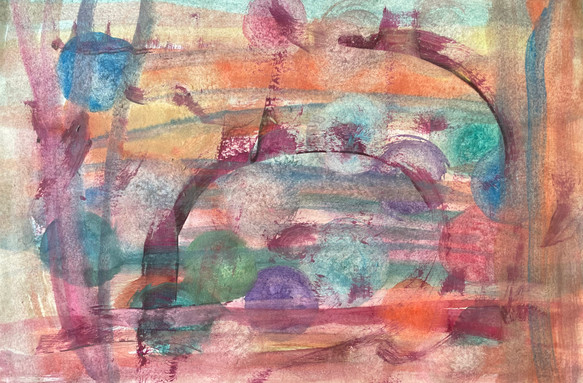 original abstract painting with multiple muted colors and varying circles and other shapes and swirls