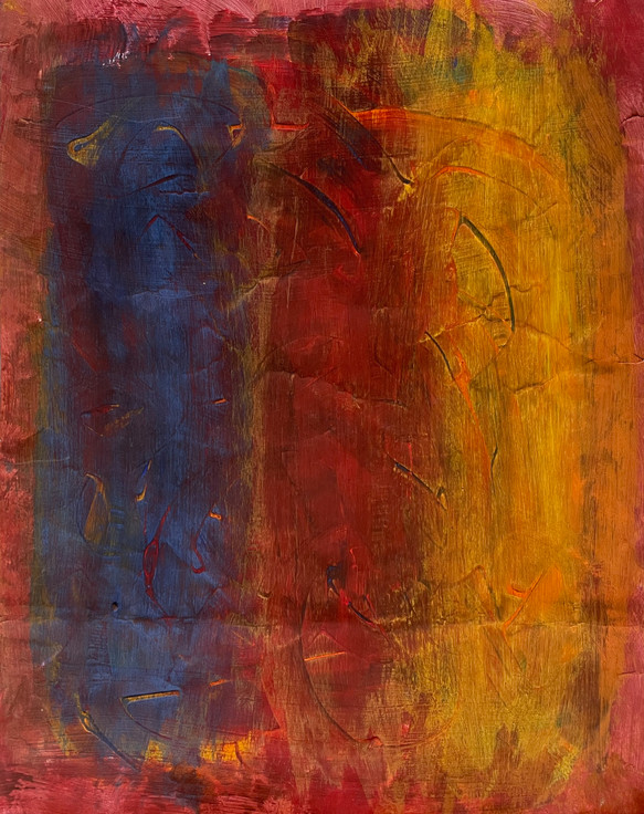 original abstract painting with deep blue, red, and yellow, and shades of them around the edges, with swirls and lines randomly throughout.