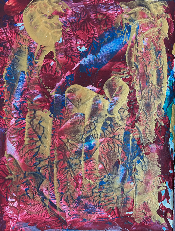 original painting with deep reds, golds and blue and a little turquoise