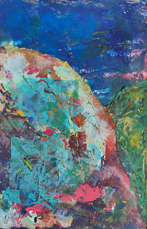 original abstract landscape painting with greens, blues, turquoise, and specks of many colors