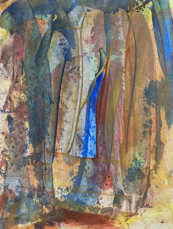 original abstract painting with vivid blue amidst muted ochre, brown, orange, teal in sweeping strokes