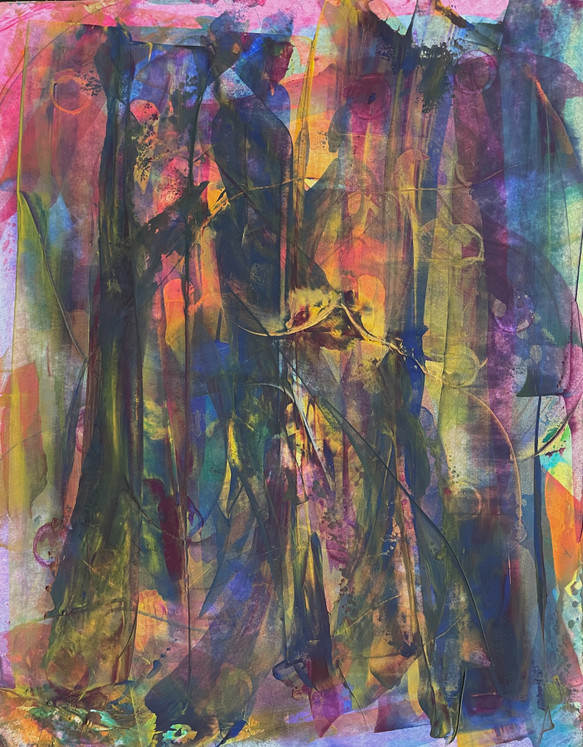 original abstract painting of multiple colors (greens, blues, pinks, oranges, reds, gold) with sweeping swirling lines.