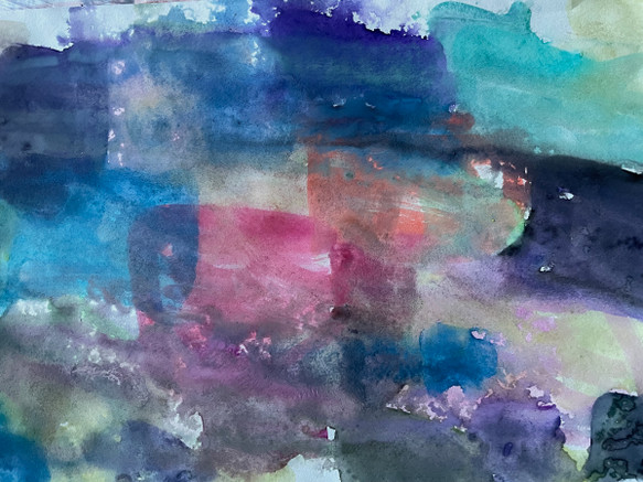 original watercolor painting with soft shades of blues, dark pink, turquoise, purple, a little orange and pale green in squarish shapes blending into each other