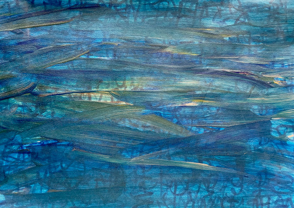 abstract painting of blue and green ocean or lake with gold shimmers over illegible words
