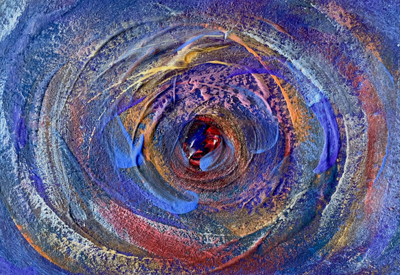 original abstract painting of swirling blue, purple, orange, pink, reds and gold, with a gem-like circular center