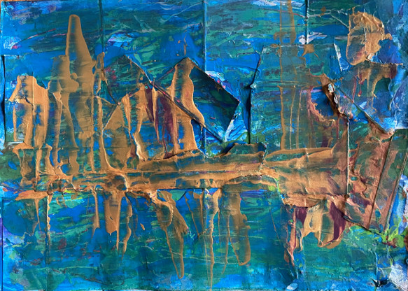 abstract painting with, blue, green, teal, and gold,  people-like figures walking near a lake or river or ocean. painted on layers of recycled cardboard, some piece sticking out.