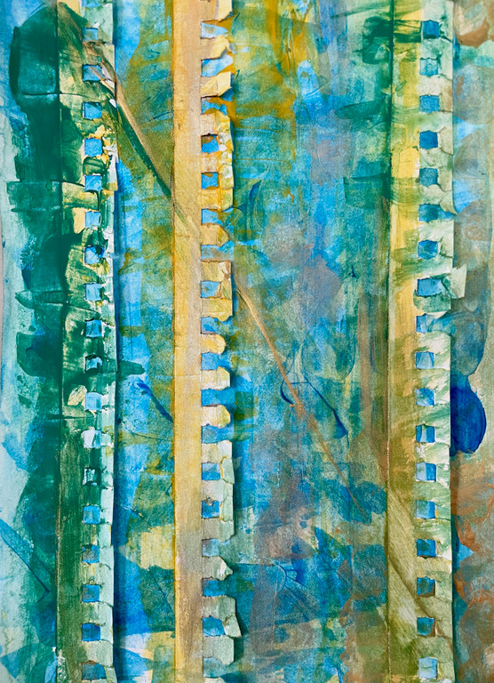 turquoise gold and green abstract painting with scraps of spiral notebook paper