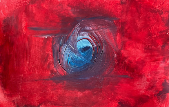 abstract painting with bright reds swirling around a blue center