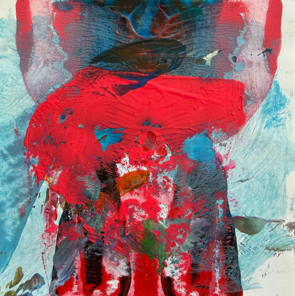 Abstract painting with red and light blue, blacks and other subtle shades of all. A human figure can be made out with a raven-like head above a cloak with large red collar, hence a 'spirit' or ancestor.