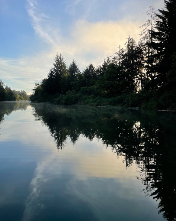 original photo of river with pine trees, a blue sky with a sweeping cloud that reflects on the river. dark greens, blues, soft whites, black.