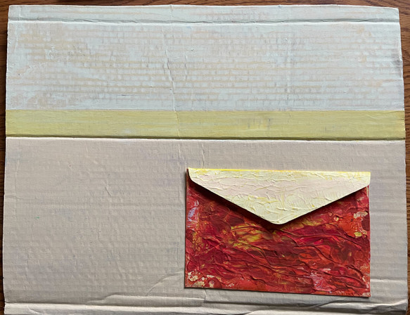 original mixed media painting with recycled cardboard, envelope, and art paper cards painted in yellows and oranges. envelope is useable