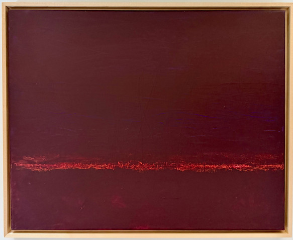original abstract color study painting in deep maroon-garnet, with subtle horizontal wavy lines of dark yellow, deep purple and blue, and with textured vertical lines.