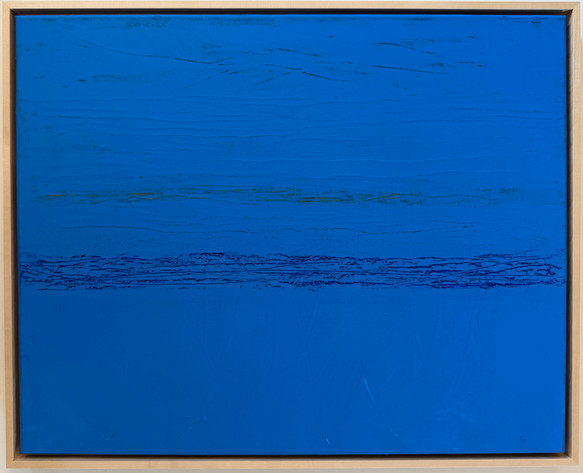 abstract color study painting in dark turquoise, with wavy subtle horizontal lines of deep blue, purple, maroon, and dark yellow, and textured vertical lines.