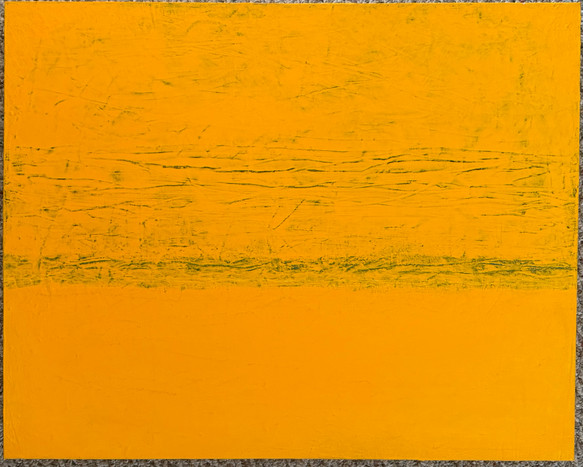original abstract painting, a color field study using dark yellow with undertones of blues, purple and maroon. Horizon feel to it, with primarily horizontal wavy lines . A lot of texture, partially due to it being a recycled canvas.