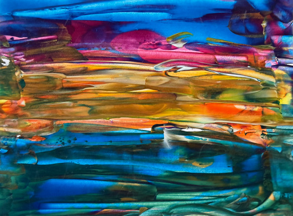 original abstract painting, with a landscape look, with vivid turquoise, gold/ochre, pink, green, orange, and some purple and dark blue, mostly horizontal swaths of color, with some white from the paper showing through