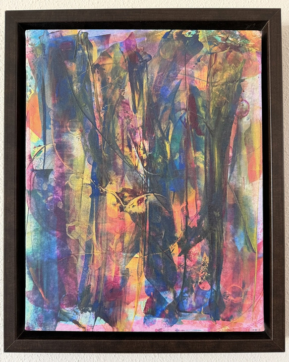 Photo of framed canvas print, from original abstract painting of multiple colors (greens, blues, pinks, oranges, reds, gold) with sweeping swirling .lines.
