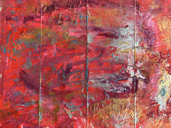 abstract painting with vivid reds, maroon, pink, metallic silver and gold, yellow, and teal, on recycled cardboard box, showing the line folds of the box, in contrast to the swirls and textures.