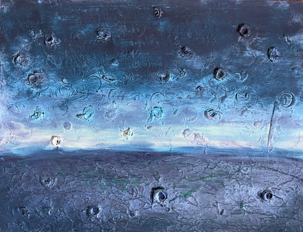 dreamy waterscape of blues, a little green, a small line of white and pink at the horizon, with 3-D circles randomly