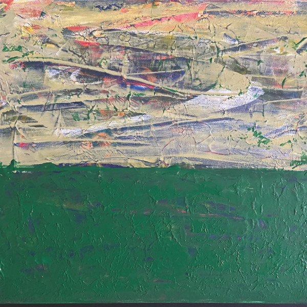 original abstract landscape painting of rich green field and multicolored swirly skies.