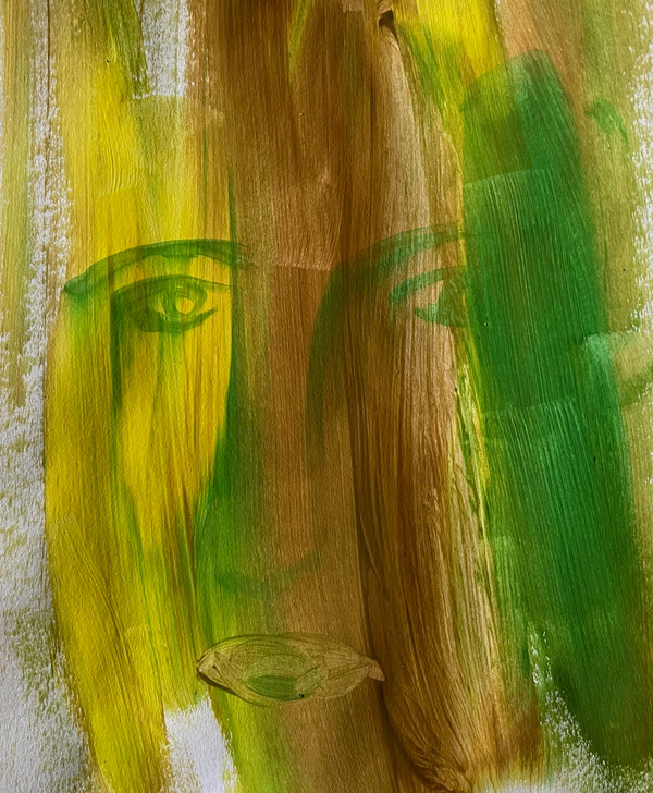 original abstract painting of a face behind swaths of yellow, brown, and green