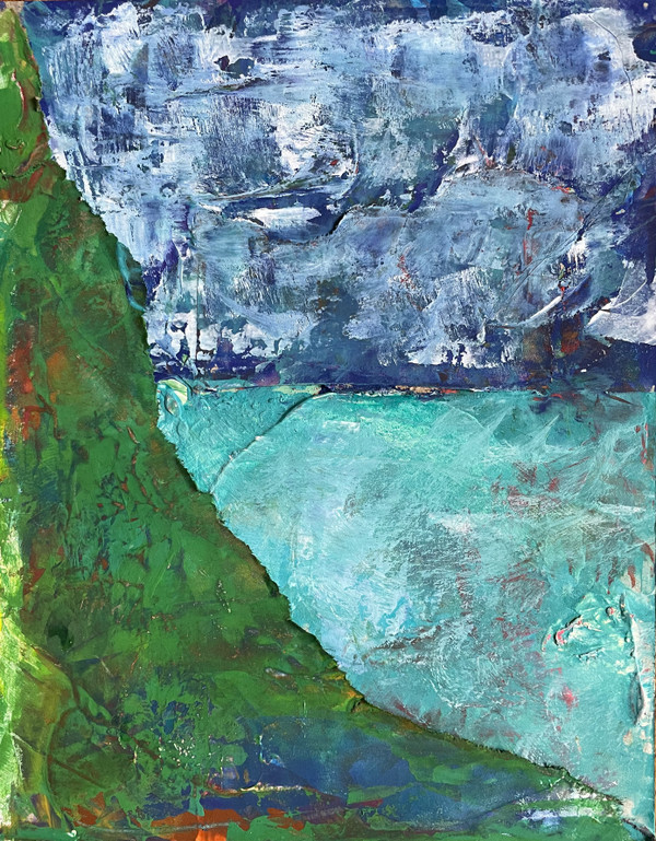 original abstract painting of peaceful green mountain, turquoise ocean,  blue and white sky, using recycled layered cardboard.