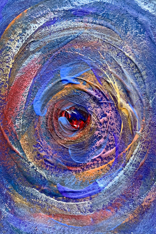 original abstract painting of swirling blue, purple, orange, pink, reds and gold, with a gem-like circular center