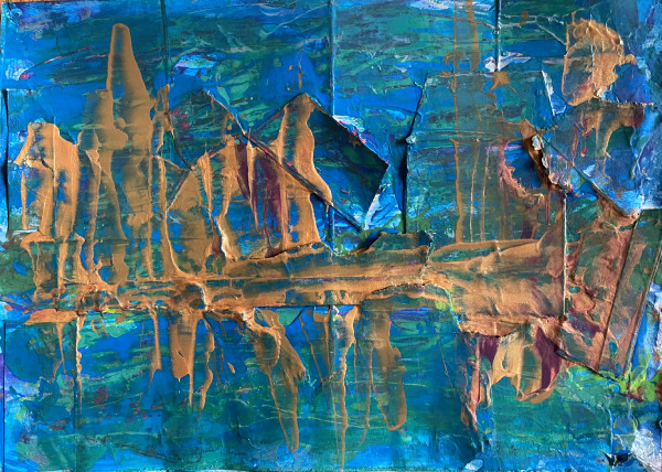 abstract painting with, blue, green, teal, and gold,  people-like figures walking near a lake or river or ocean. painted on layers of recycled cardboard, some piece sticking out.