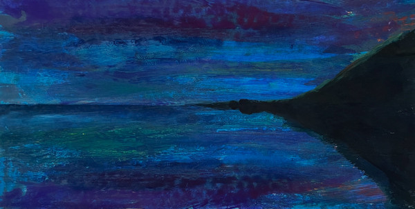 abstract painting of nightime near an ocean or bay or lake next to a mountain. deep blues, green, purple, and black.