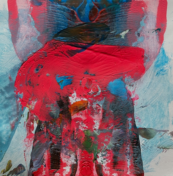 abstract raven painting with red, blue, black, dramatic lines, vivid